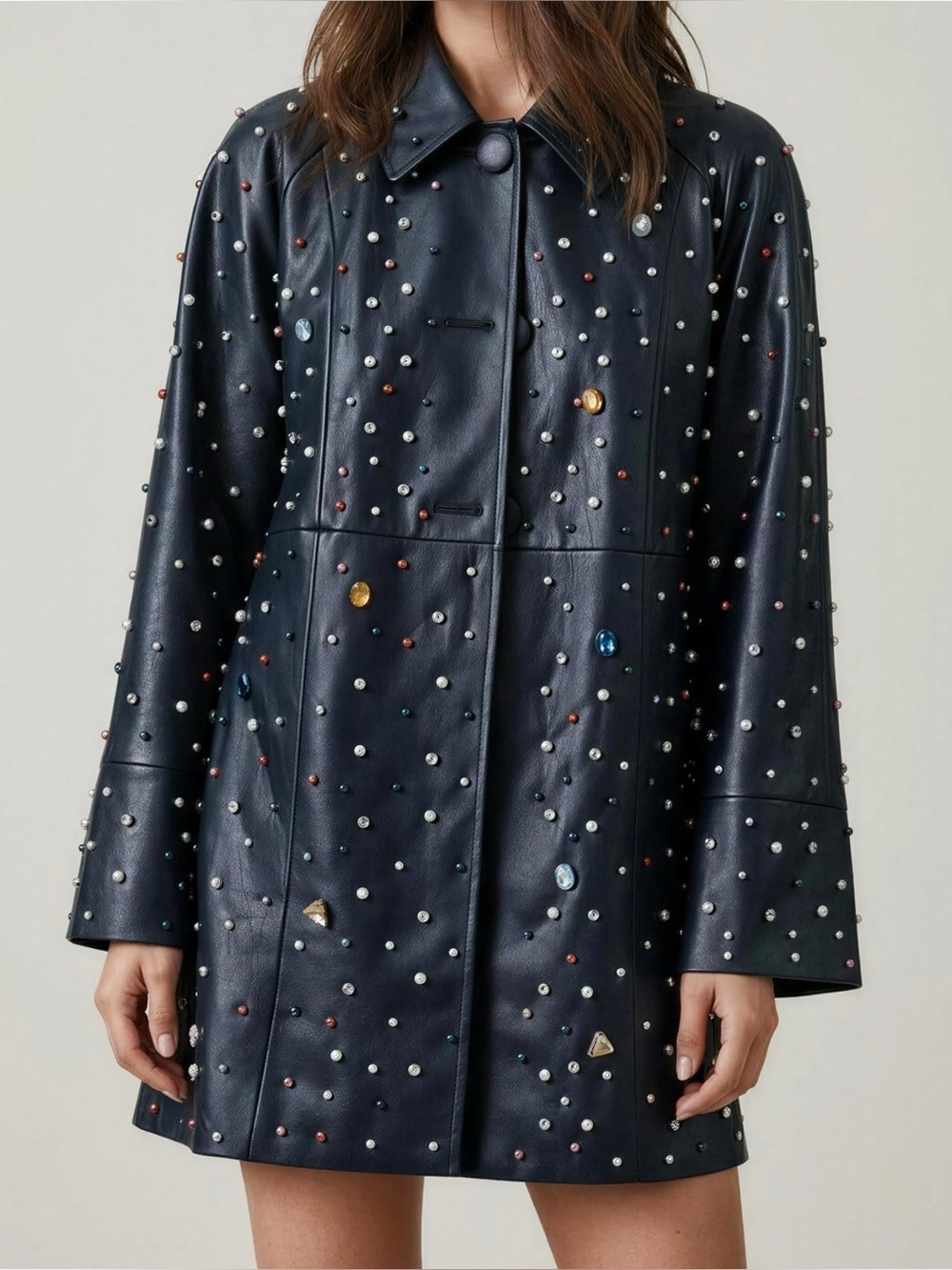MAEVE x ANTHROPOLOGIE Embellished Faux-Leather Car Coat, Navy, XXS